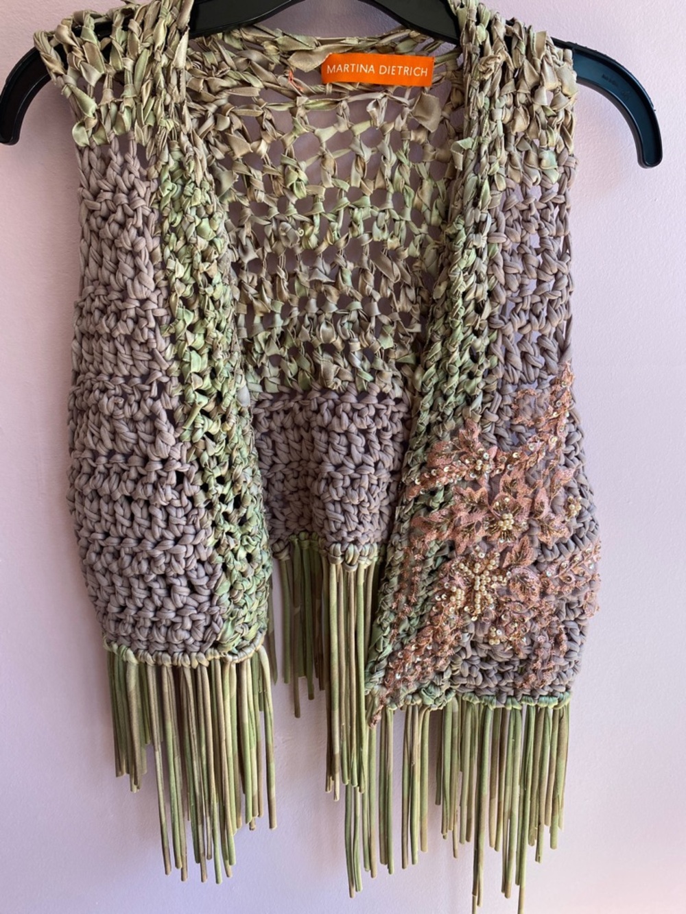 Martina Dietrich Olive-Taupe Crochet Fringe Vest